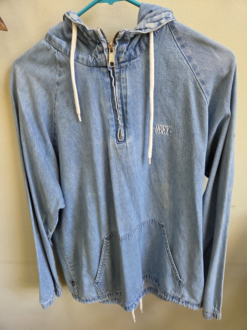 Obey Light Blue Denim Half-Zip Hoodie